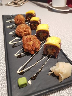 Potato ball with red rice roll at elemen 元素 - Paya Lebar Quarter in Central Singapore