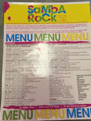 Menu page one. at Samba Rock Acai Cafe in Santa Cruz