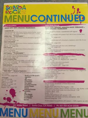 Menu page two.  at Samba Rock Acai Cafe in Santa Cruz