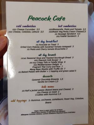 Menu at Jan 9th 2020 at Peacock Cafe in Stanmore