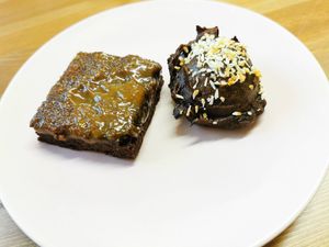 Brownie and prune ball at Peacock Cafe in Stanmore