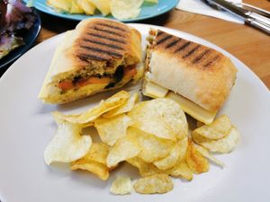Cheese, pesto and tomato wrap at Peacock Cafe in Stanmore