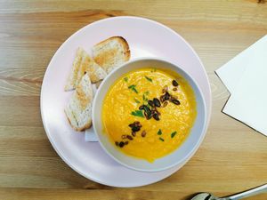 Orange and Carrot soup at Peacock Cafe in Stanmore
