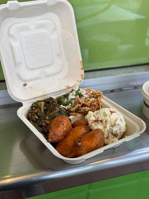 Fried chik’n meal - spaghetti is legit and the greens are amazing at Vegan Mob in Oakland