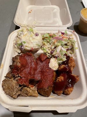 Combo plate with brisket shrimp links  at Vegan Mob in Oakland