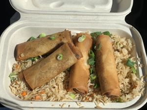 Lumpia with garlic rice  at Vegan Mob in Oakland