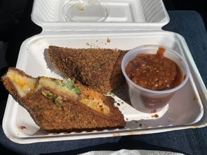 Inside deep fried grilled cheese  at Vegan Mob in Oakland