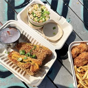 A Fried Grilled Cheese with Garlic Fried Rice.  at Vegan Mob in Oakland