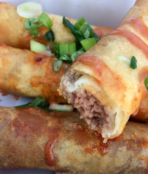 cheezy fried impossible spring roll things at Vegan Mob in Oakland