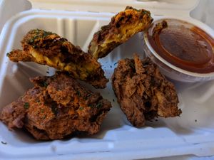 Fried chick'n. Tasty yet a bit dry; bought/tried just before closing on Sunday night so may have been sitting out for a while. at Vegan Mob in Oakland