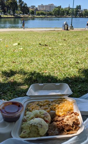 BBQ briskets, 2 orders of smack & cheez, and potato salad w/ side of Lake Merritt at Vegan Mob in Oakland