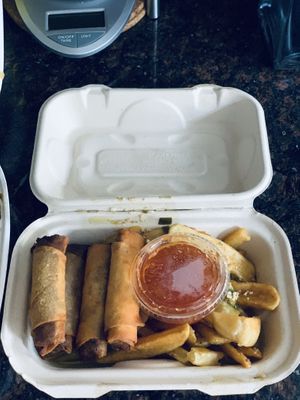 Lumpia with garlic fries at Vegan Mob in Oakland