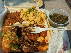 The combo: beans, smackaroni, greens, BBQ shrimp, brisket, fried chickn at Vegan Mob in Oakland