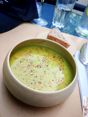 - A gazpacho with peas and mint, very refreshing with this magnificent sunshine and buckwheat rice bread. at apeti - Ségur in Paris