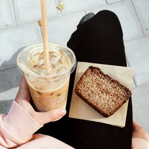 Iced latte and banana bread  at Oliver Green - East in Amsterdam