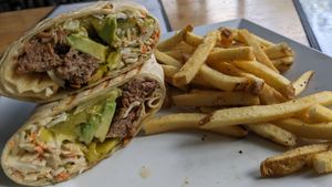 Jerk Wrap with Vegan Patty substitute at HiFi Clyde's in Chattanooga