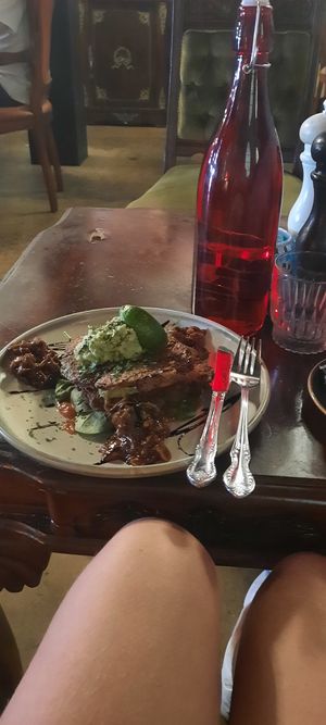 Vegan zucchini and corn fritters with jackfruit. at Dark Arts Cafe & Bar in Coffs Harbour