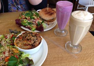 falafel burger and sweet potato & quinoa bake with smoothies at Fortify Cafe in Maidstone