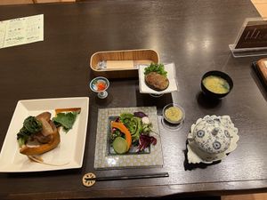 Shiitake mushroom with ground tofu! Salad , sweet potato and vegan miso soup!  at Goen no Mori in Yugawara