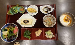 Baked tofu with miso sauce, sweet potato salad, coffee jello, and more!  at Goen no Mori in Yugawara