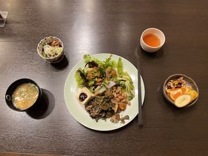 Miso soup, beans with onions and shoyu sauce, and more !  at Goen no Mori in Yugawara