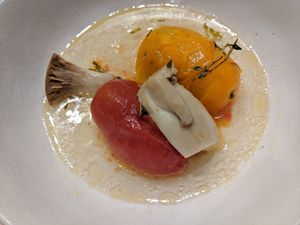 tomato, mushroom and herbs in clear broth
 at Goen no Mori in Yugawara