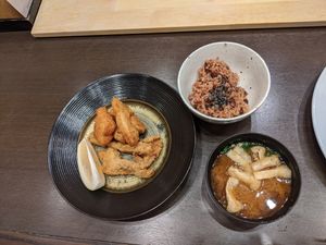 fried mushrooms with lemon, rice, and miso soup at Goen no Mori in Yugawara