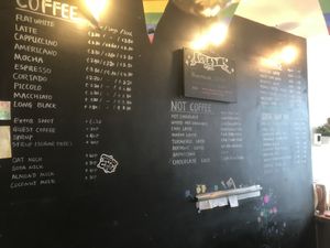 Coffee menu (August 2023), note the 4 plant based milk options  at Ocean Bells Coffee Company in Watford