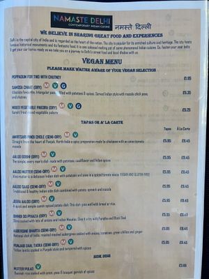 Vegan menu  at Namaste Delhi in Aberdeen