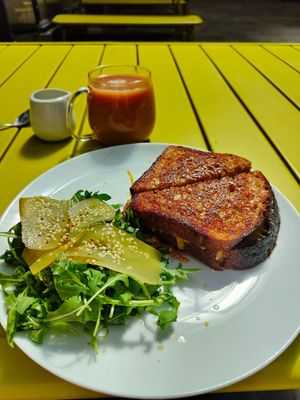 Grilled vegan cheese sandwich and tea with soya milk at Temperance in Halifax