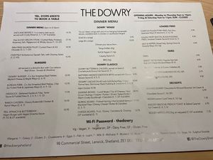 Evening menu as of July 2023  at The Dowry in Lerwick