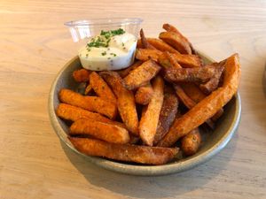 SWEET TATTIE FRIES (Note: Included Maple Mustard Mayo is NOT vegan) at The Dowry in Lerwick