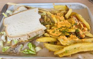 Went back the next day for lunch- Pea/Basil burger w/ Salt & Pepper fries that had Siracha mayo & veggies on them! Yummmmm!   at The Dowry in Lerwick