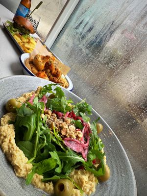 Hummus plate, cauliflower, and pea burger.   at The Dowry in Lerwick