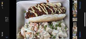 Chili cheese dog with potato salad at Veggie Grill by Next Level in Burbank