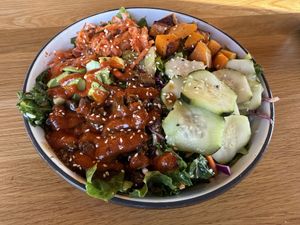 Kimchi Steak Bowl (too much sauce IMO)  at Next Level Veggie Grill in Burbank