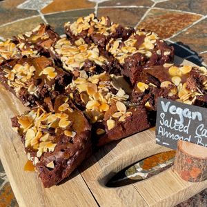 Sarah has produced these gorgeous looking vegan salted caramel and almond brownies. at The Garden Kitchen in Bewdley