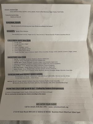 Menu back  at Conscious Meals in Sedona