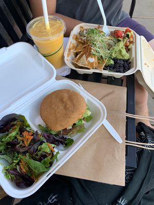 jackfruit nachos amazing, avo burger v good, and delicious tropical smoothie   at Conscious Meals in Sedona