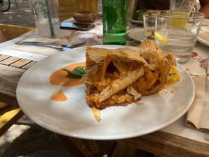 (Vegetarian) Pastry w/ cauliflower, seitan, eggplant, and cheese  at Plaer Natural in Mallorca