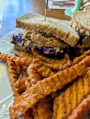 Buffalo chickpea sandwich & sweet potato fries at Madonna Inn in San Luis Obispo