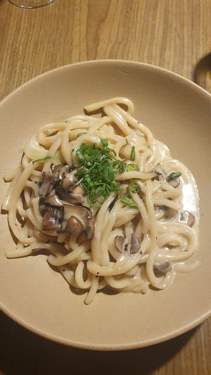 Udon de tapioca con crema de hongos at Plantasia in Mexico City
