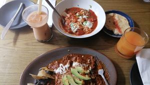 Plantasia es mi lugar favorito! La comida es deliciosa, hoy fui a desayunar y probamos las enchiladas morilla, Shakshuka (un scramble de tofu) y un pan brioche francés 🌱  at Plantasia in Mexico City
