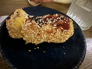 Plátano empalizado con queso vegano   at Plantasia in Mexico City