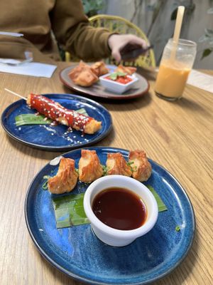 Wonton and skewers  at Plantasia in Mexico City