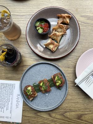 Crispy wonton and  Spicy Ahi Rice Cakes  at Plantasia in Mexico City