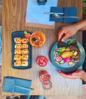 Ramen and sushi roll.  at Plantasia in Mexico City