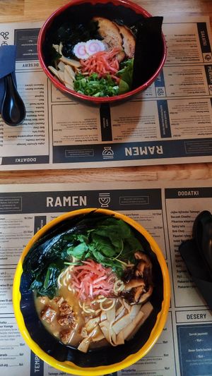 Tokyo Ramen (on top) with additional ginger and Vege Miso Ramen (the bottom one) with spicy tofu and additional spinach at Okami in Wroclaw