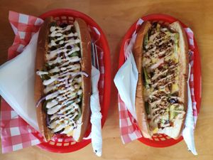 A more recent photo of the chilli (left) and seitan cheesesteaks (right) at Sabotage Vegan Bistro in Prague