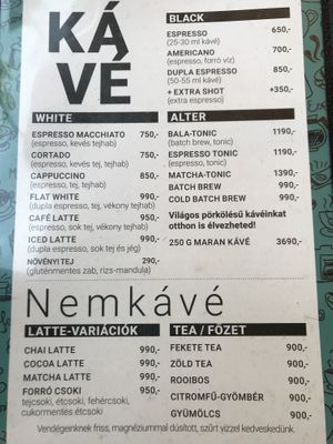 Coffee menu (Hungarian)  at Café Maran in Siofok